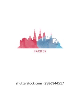 Harbin watercolor cityscape skyline city panorama vector flat modern logo, icon. China metropolis emblem concept with landmarks and building silhouettes. Isolated graphic
