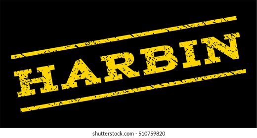 Harbin watermark stamp. Text caption between parallel lines with grunge design style. Rubber seal stamp with scratched texture. Vector yellow color ink imprint on a blue background.