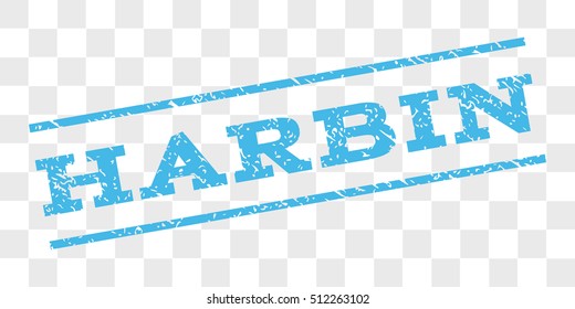 Harbin watermark stamp. Text caption between parallel lines with grunge design style. Rubber seal stamp with scratched texture. Vector light blue color ink imprint on a chess transparent background.