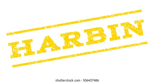 Harbin watermark stamp. Text tag between parallel lines with grunge design style. Rubber seal stamp with dirty texture. Vector yellow color ink imprint on a white background.