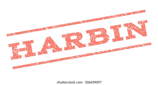 Harbin watermark stamp. Text tag between parallel lines with grunge design style. Rubber seal stamp with dirty texture. Vector salmon color ink imprint on a white background.