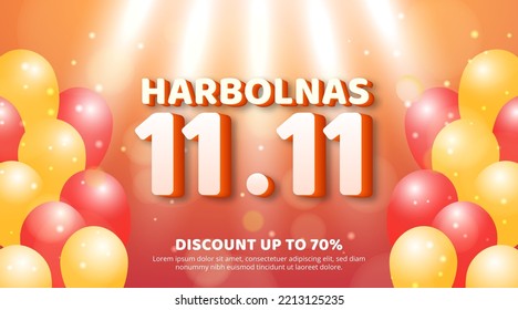 Harbolnas 11 11 sale or Indonesia online shopping day background with orange color and balloons