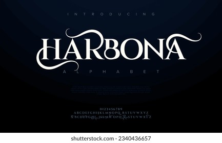 Harbona premium luxury elegant alphabet letters and numbers. Elegant wedding typography classic serif font decorative vintage retro. Creative vector illustration