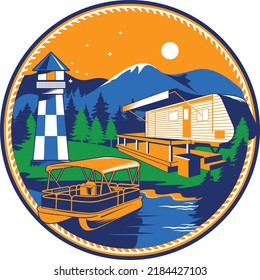 harbor atmosphere containing small boats, lighthouses, camping grounds, and beautiful mountains