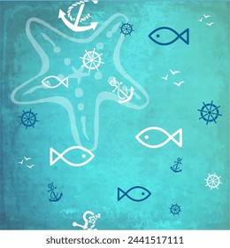 Harbor, blue and green marine, Historical background, retro. Summertime texture, decorative tile.