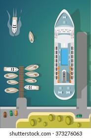 Harbor. Boats and a ship at the pier. Flat vector illustration.