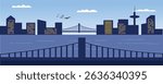 Harbor bridge illustration. Big river. River scenery. Cityscape. Sunny day in metropolitan city. Skyscraper view from across river. City tower. City landscape.