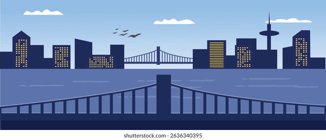 Harbor bridge illustration. Big river. River scenery. Cityscape. Sunny day in metropolitan city. Skyscraper view from across river. City tower. City landscape.