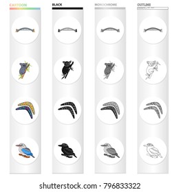 Harbor Bridge, Koala on eucalyptus, Australian boomerang, Kookaburra bird. Australia set collection icons in cartoon black monochrome outline style vector symbol stock illustration web.