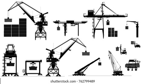 Harbor cargo cranes set. Shipping port equipment. Vector, isolated on white. Black and white silhouettes