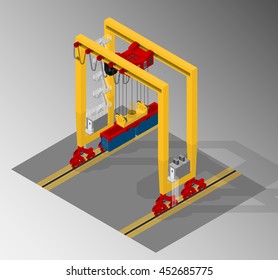 Harbor container gantry crane. Vector isometric illustration of container gantry crane. Harbor equipment.
