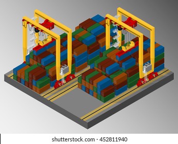 Harbor container gantry crane. Vector isometric illustration representing the loading and unloading operations in harbor container terminal. Harbor equipment.