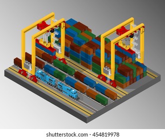 Harbor container gantry crane. Vector isometric illustration representing the loading and unloading operations of the freight trains in harbor container terminal. Harbor equipment.