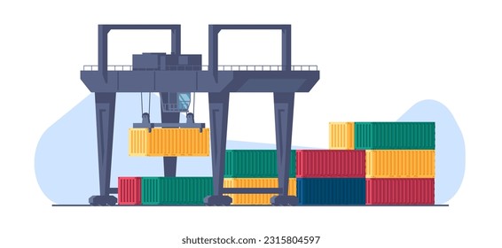 Harbor crane moves cargo containers. Freight port terminal. Marine transport unloading. Industrial equipment. Loader machinery. Hook lifting metal boxes. Warehouse