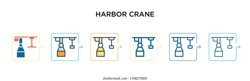Harbor crane vector icon in 6 different modern styles. Black, two colored harbor crane icons designed in filled, outline, line and stroke style. Vector illustration can be used for web, mobile, ui