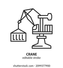 Harbor crane vector line icon. Port crane with container. Editable stroke.