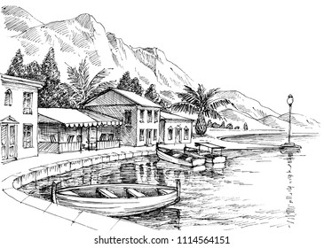 Harbor drawing. Small buildings and boats on shore