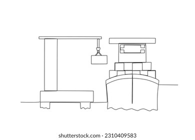 A harbor and a freighter. Harbor activities one-line drawing
