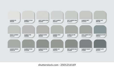 Harbor Gray Color Palette, Harbor Gray Color Guide Palette with Color Names. Catalog Samples of Harbor Gray colors with RGB HEX codes. cladding sheet ash colors, Fashion Trend Silver Color Palette