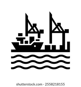 Harbor Icon Vector" Portrays A Simplified Icon Of A Harbor, Complete With Cargo Ships And Port Facilities, Emphasizing The Shipping Industry