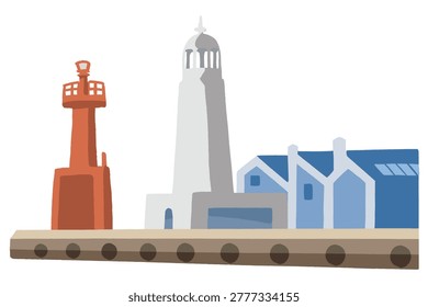 Harbor Lighthouse and Pier Vector Illustration