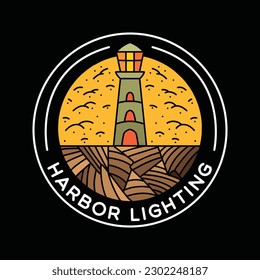 Harbor Lighting Tower Logo Vector Graphic Design illustration Retro Vintage Circle Badge Emblem Symbol and Icon