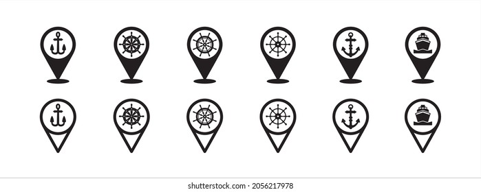 Harbour Map Pin Symbol Set. Setzte Marker-Symbole für die Position des Schiffs-Docks. Enthält Symbol wie Schiff-Lenkrad, Anker, Containerschiff.