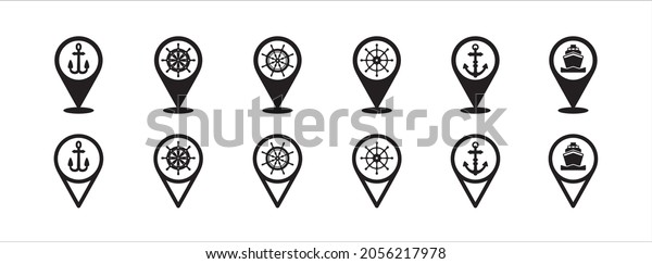 Harbor map pin icon set. Ship dock location pin map\
marker icons set. Contains icon such as ship steering wheel,\
anchor, container ship.