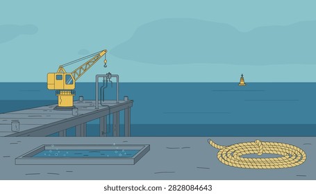 Harbor pier equipped with lifting crane rope coil and open ocean view under cloudy sky