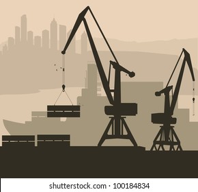 Harbor port crane with ship vector background