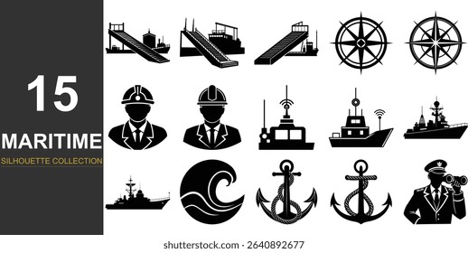 Harbor and Port Elements – Maritime Silhouette Icon Set