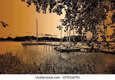Harbor with sailboats and yachts moored in the port. Sea landscape. Golden background