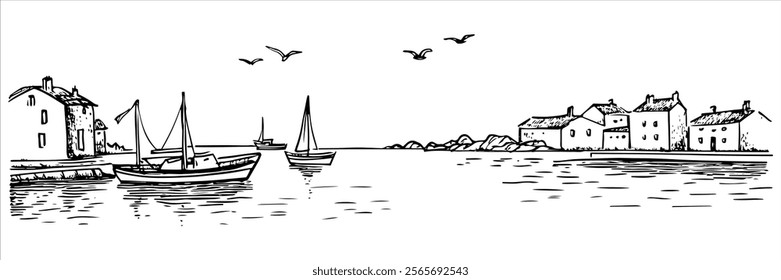 harbor with sailing boats and coastal houses illustration