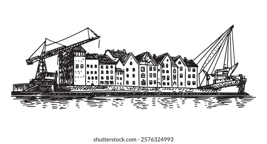 harbor sketch with warehouses, crane, and ship in black outline