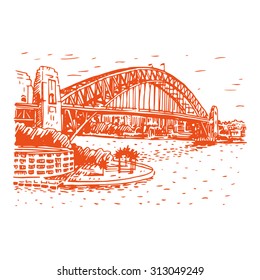 The Harbour Bridge, Sydney, Australia. Vector freehand pencil sketch.