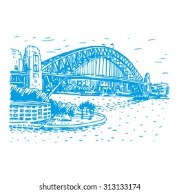 The Harbour Bridge, Sydney, Australia. Vector Freehand Pencil Sketch.