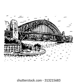 The Harbour Bridge, Sydney, Australia. Vector Freehand Pencil Sketch.