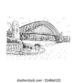 The Harbour Bridge, Sydney, Australia. Vector Freehand Pencil Sketch.