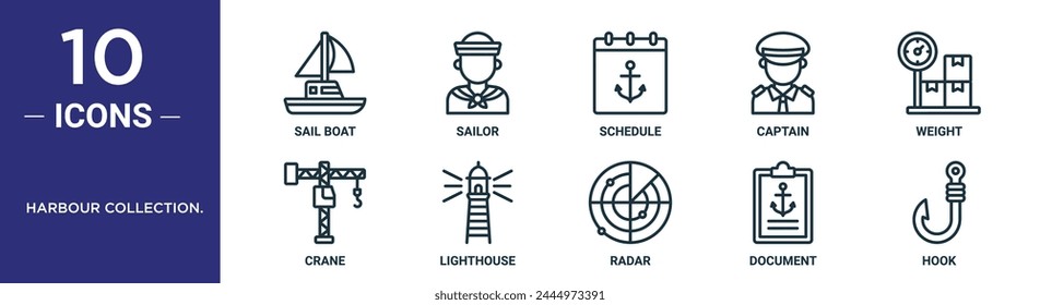 harbour collection. outline icon set includes thin line sail boat, sailor, schedule, captain, weight, crane, lighthouse icons for report, presentation, diagram, web design