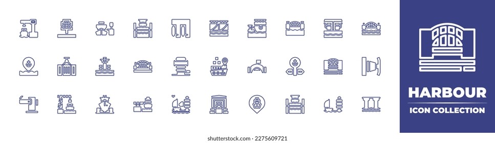 Harbour-Icon-Sammlung. Duotonfarbe. Vektorgrafik. Einschließlich Hafen, Liegeplatz-Hilfesystem, Kanal, Liegeplatz, Ablagerung, Sydney-Hafenbrücke, Tankstelle, Standort, Container, Kontrollturm, Anlegestelle.