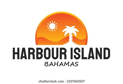 Harbour Island in the Bahamas logo template graphics with palms, beach and sunset. Vector illustration svg
