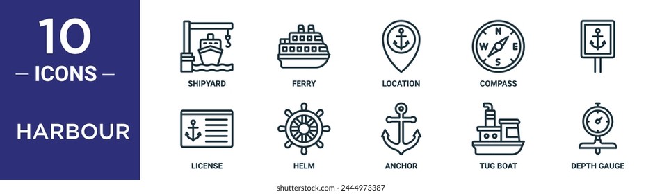 harbour outline icon set includes thin line shipyard, ferry, location, compass,  , license, helm icons for report, presentation, diagram, web design