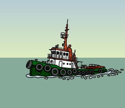 Harbour Tug. Support Tugboat. A Small Auxiliary Vessel. Vector Image For Prints, Poster And Illustrations.