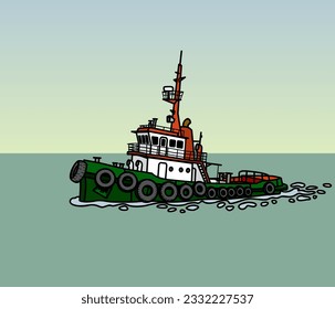 Harbour tug. Support tugboat. A small auxiliary vessel. Vector image for prints, poster and illustrations.