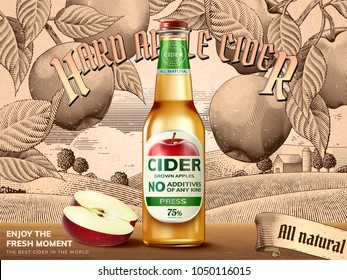 Hard apple cider ads, refreshing beverage with realistic apples and containers in 3d illustration, retro engraving rural scenery background