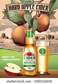 Hard apple cider ads, refreshing beverage with realistic apples and containers in 3d illustration, retro engraving rural scenery background