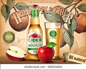 Hard apple cider ads, refreshing beverage with realistic apples and containers in 3d illustration, retro engraving style background