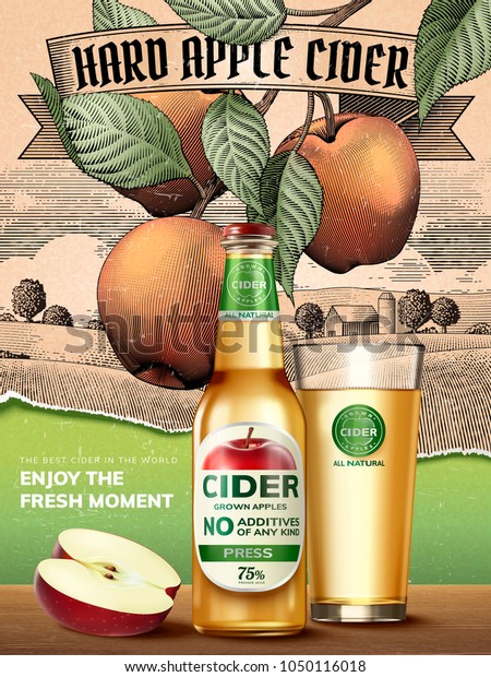 堅いリンゴサイダー広告 3dイラストでリアルなリンゴと容器を使った清涼な飲み物 レトロに彫刻された田園風景 のベクター画像素材 ロイヤリティフリー