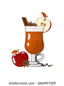 Hard Apple Cider Ale Or Punch Ready to Drink. Cocktail with cinnamon. Vector illustration of winter warming alchohol drink in flat style on white background