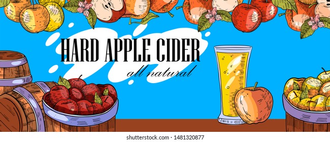 Hard apple cider (fruit beer) vector adds in engraving style. Background for pub menu, bottle label, flyer, invitation card with bottle, wineglass, apples, casks, on blue background. 